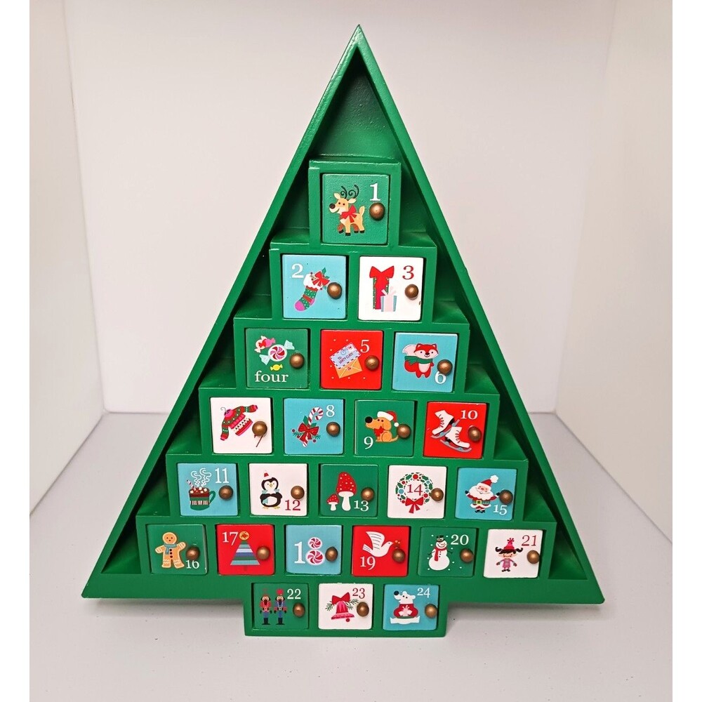 Christmas Advent Calendar Countdown Green Wooden Tree Cube Boxes w/ Doors